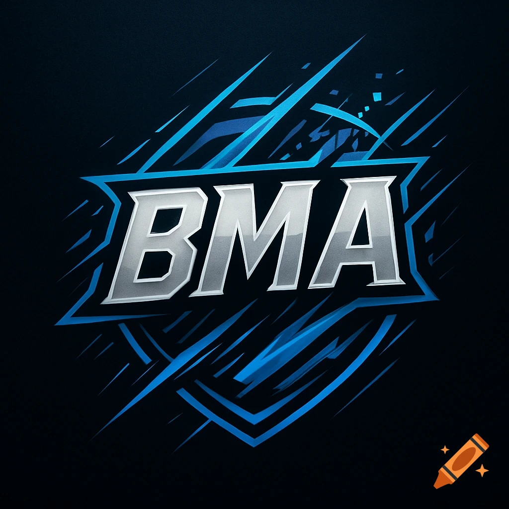 Esports logo with silver letters "BMA" outlined in white, set against a dark blue background with dynamic blue lines.