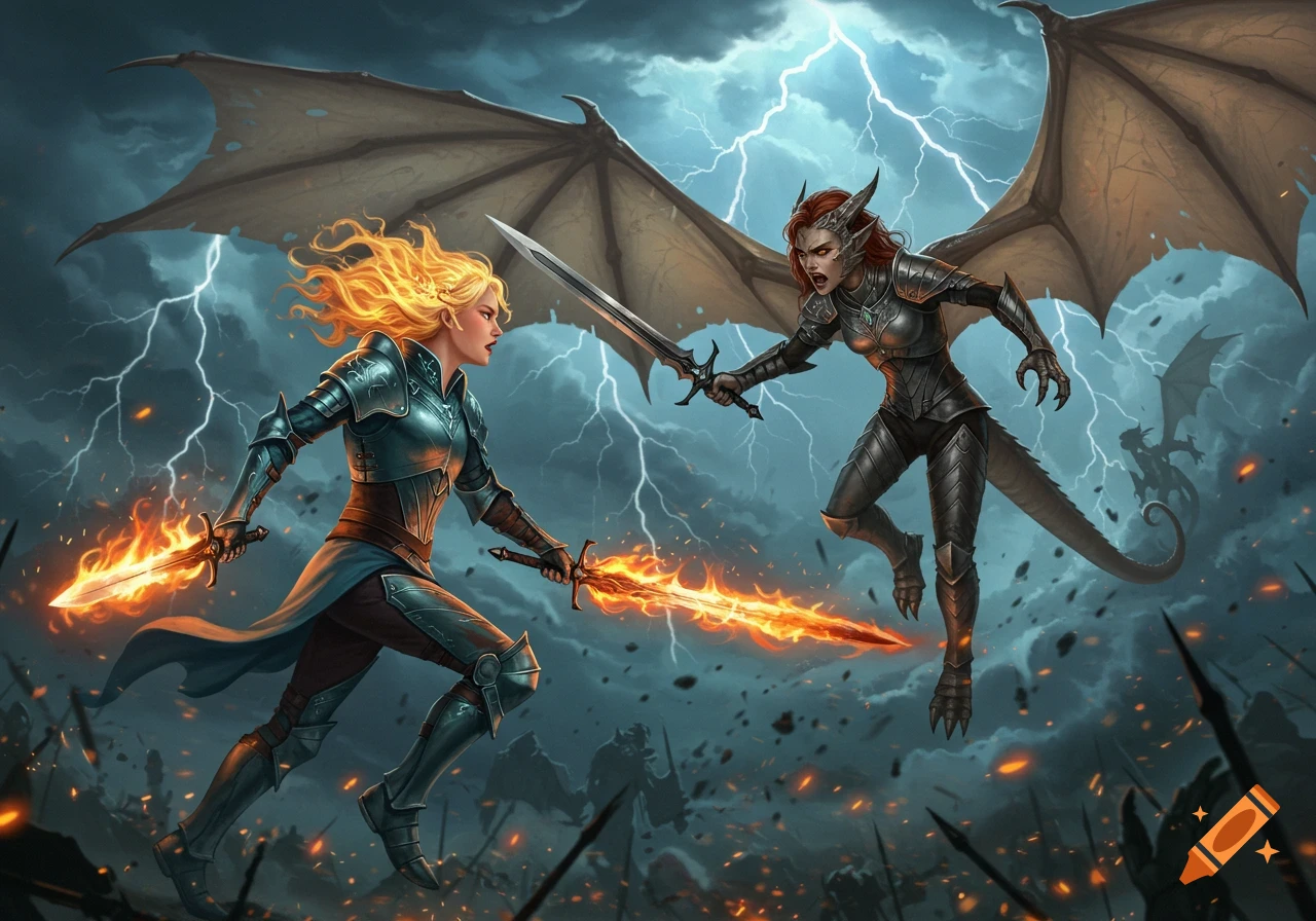 Two fantasy warriors battle with swords, one blonde with fiery blades, the other a red-haired winged creature, under a stormy, lightning sky.