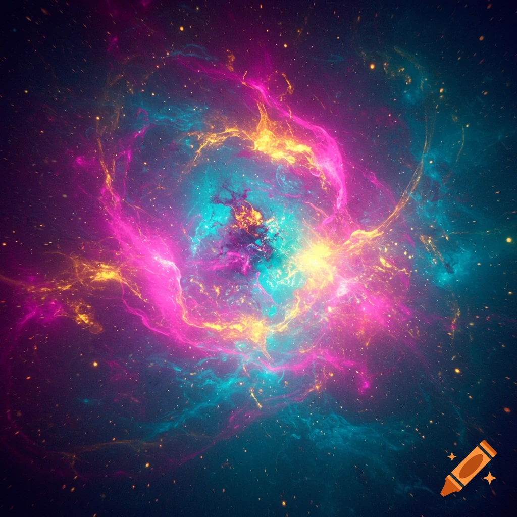 Vibrant nebula with glowing pink, cyan, and yellow gas clouds against a dark star-filled cosmic background.