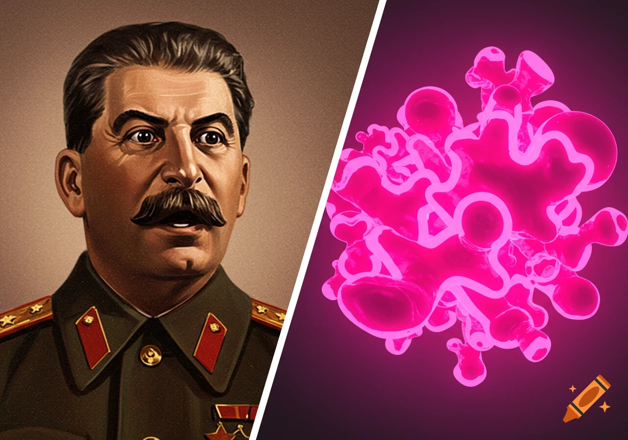 A split image shows a shocked Joseph Stalin on the left and an abstract, glowing pink blob on the right.