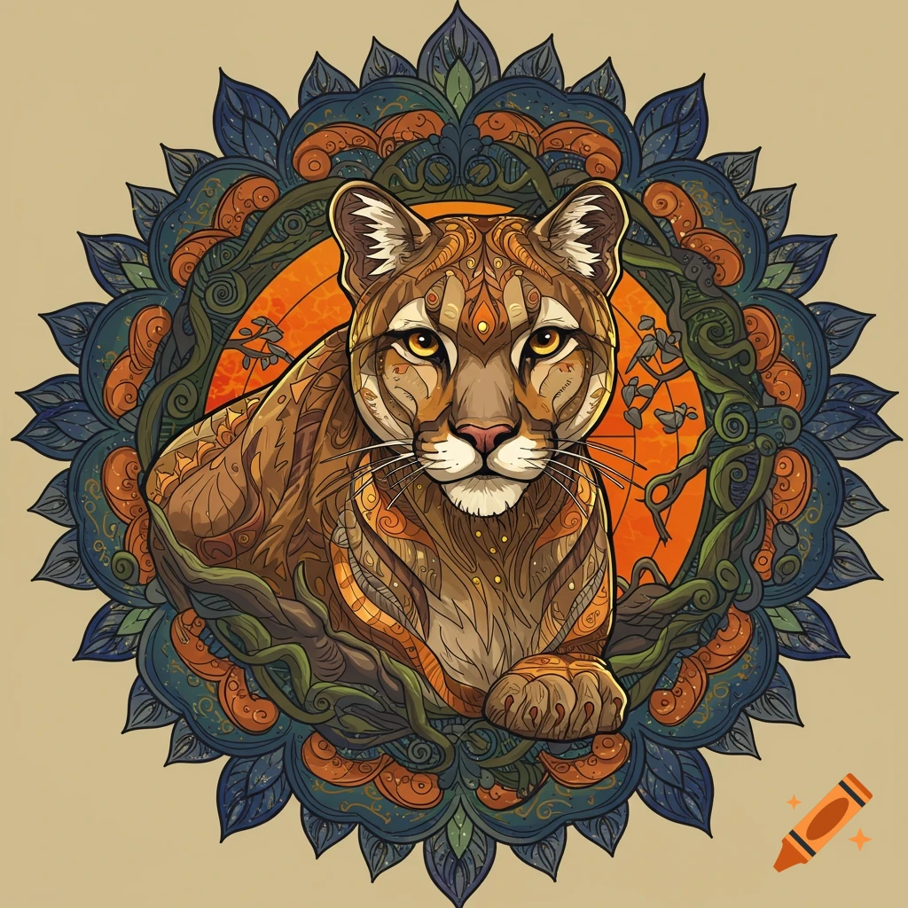 A stylized puma with intricate patterns, set within a colorful mandala of leaves and swirling motifs.