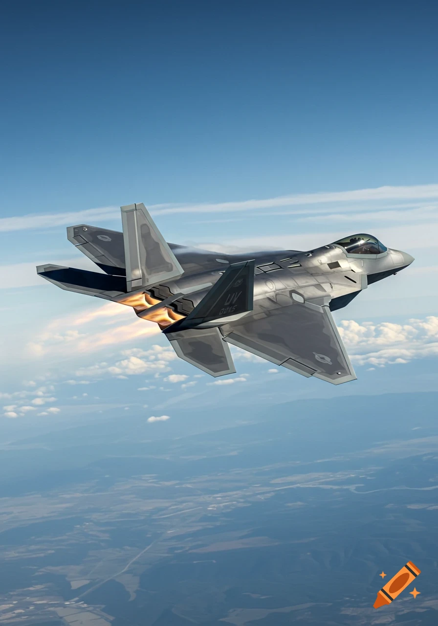 An F-22 Raptor fighter jet soars through a blue sky with afterburners firing, above clouds and land.