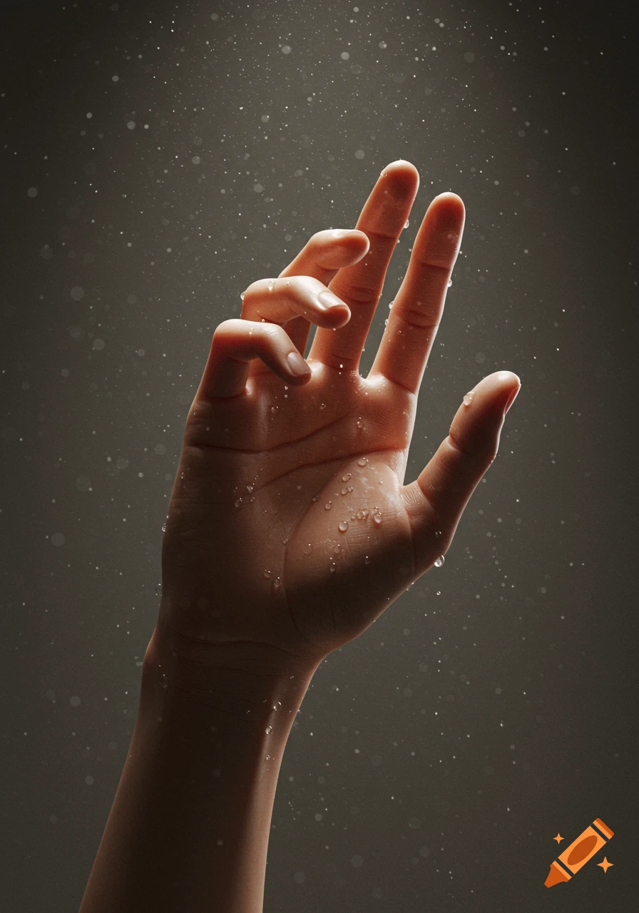A close-up, dimly lit, photorealistic shot of a human hand covered in water droplets against a dark background with bokeh.