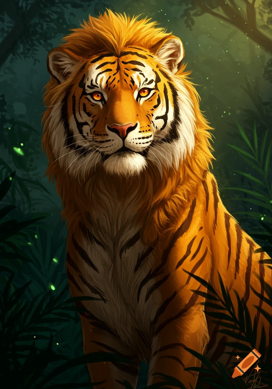 A majestic lion-tiger hybrid with fiery eyes and a golden mane sits regally in a lush, glowing jungle.