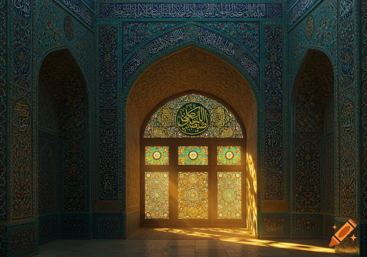 Interior of an ornate Islamic building with blue and gold mosaic tiles, Arabic calligraphy, and sunlit stained glass windows.