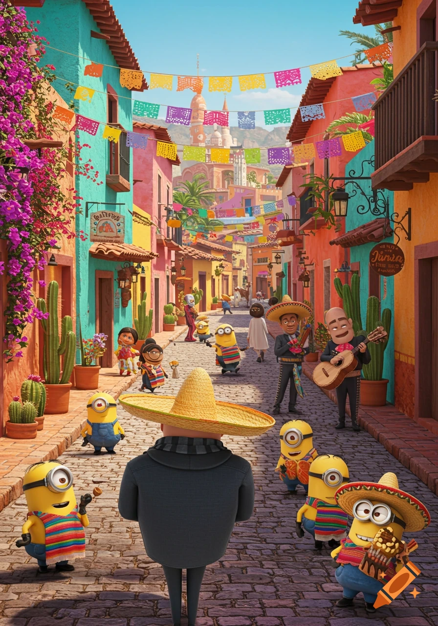 Gru and Minions in a vibrant Mexican street with colorful buildings, papel picado, mariachi musicians, and cacti.