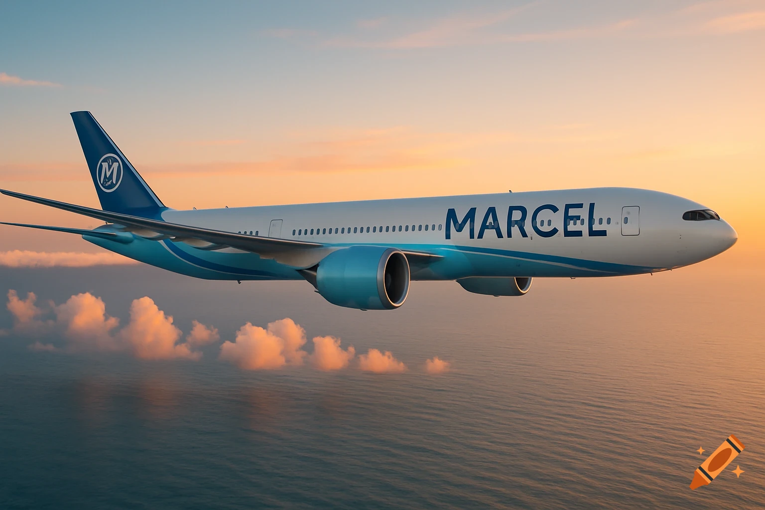 A white and blue Marcel Airlines Boeing 777-9 airplane flying over the ocean with a colorful sunset sky.