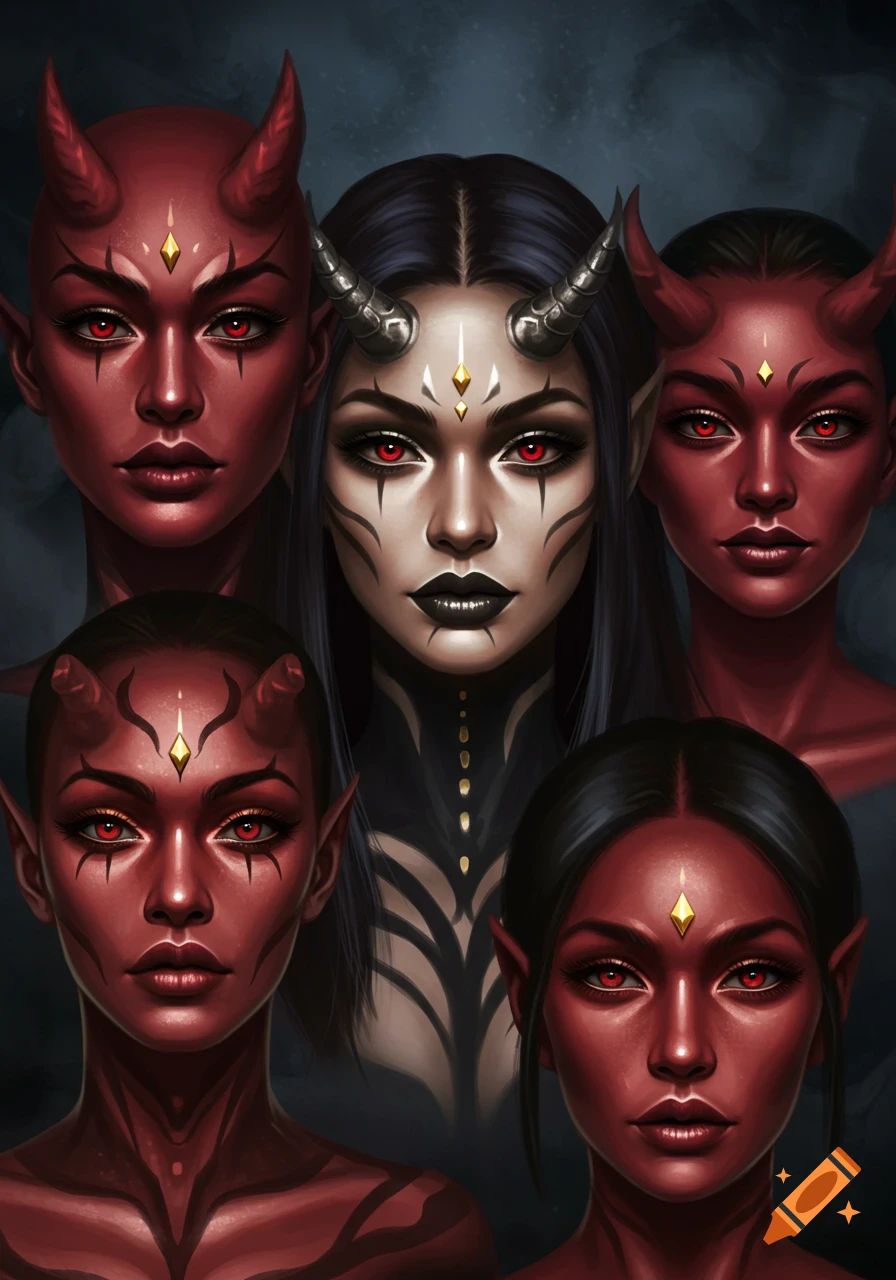 Multiple stylized demon faces. A central pale demon with metallic horns is surrounded by four red-skinned demons with red horns.