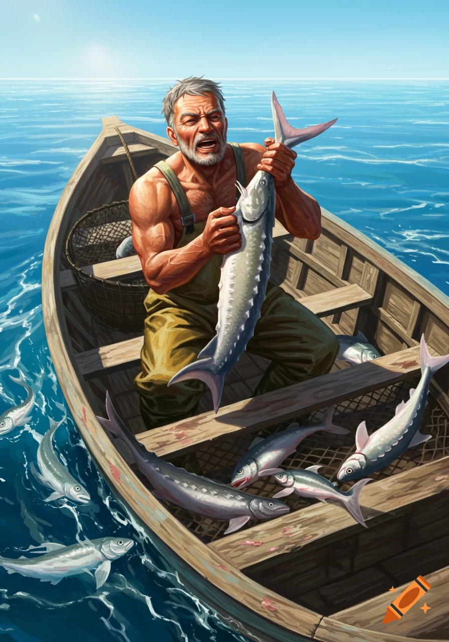 Vibrant illustration of a muscular old man in a boat on the ocean, proudly holding a large fish, with other fish around him.