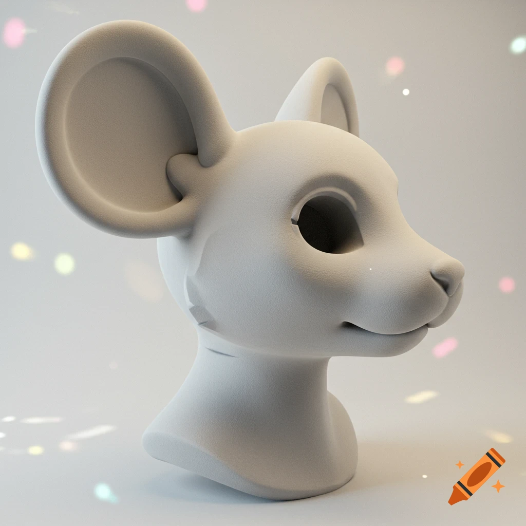 A white foam fursuit head base of a Kemono mouse, seen from the side with colorful bokeh lights in the background.