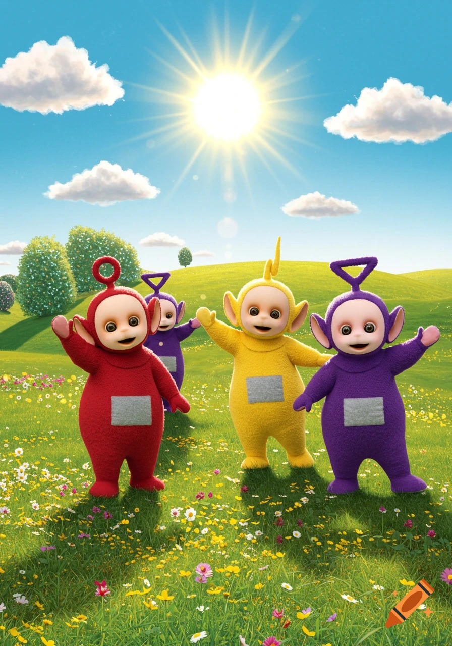 Red, yellow, and two purple Teletubbies stand in a bright, sunlit green field with colorful wildflowers and fluffy white clouds in the blue sky.