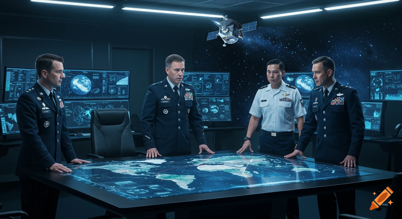 Four uniformed officers, two in blue, two in white, stand around a large digital map table in a dark control room, planning space operations. A satellite floats in the starry space above.