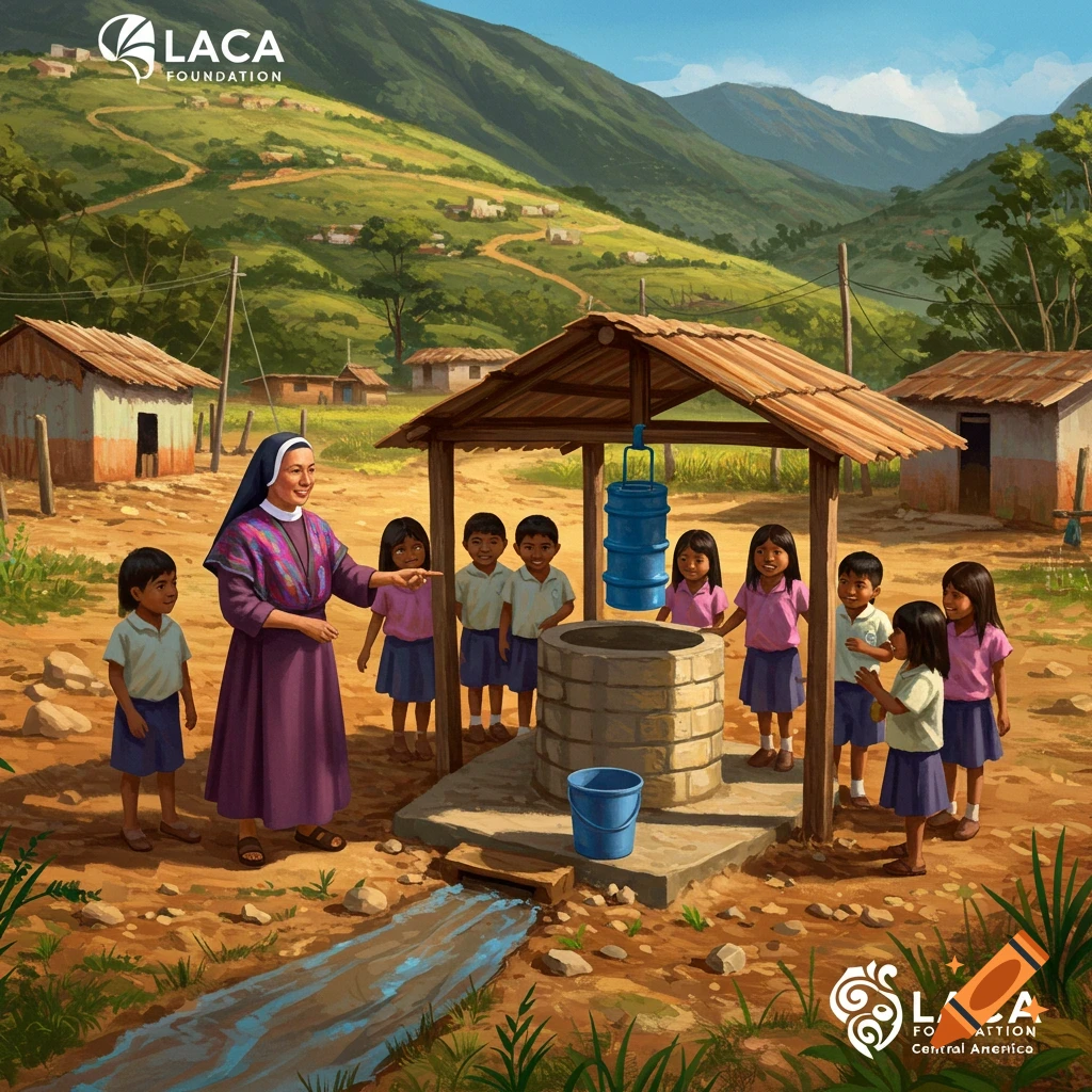 An illustration of a nun teaching a group of children about a water well project in a rural, mountainous Central American village.