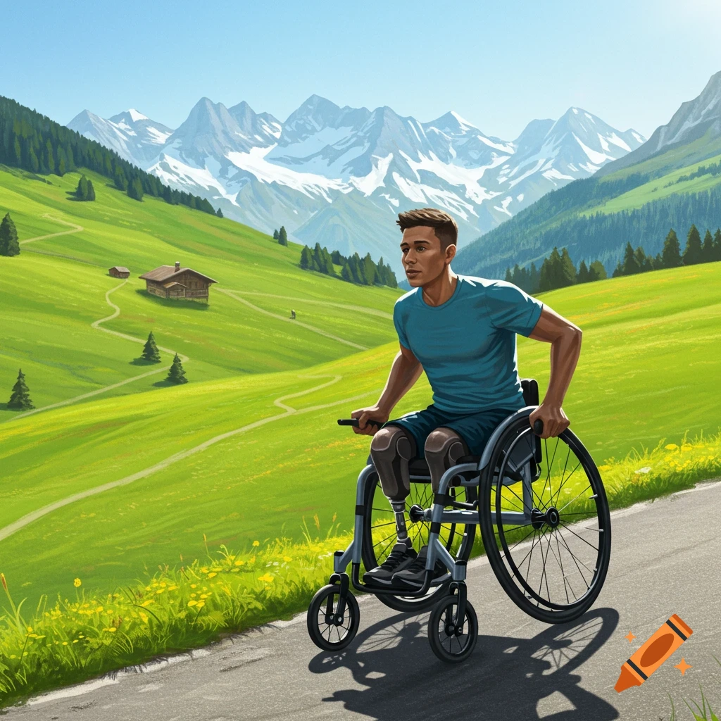 A man with amputations in a wheelchair rides up a mountain road through green meadows with snow-capped peaks under a sunny sky.