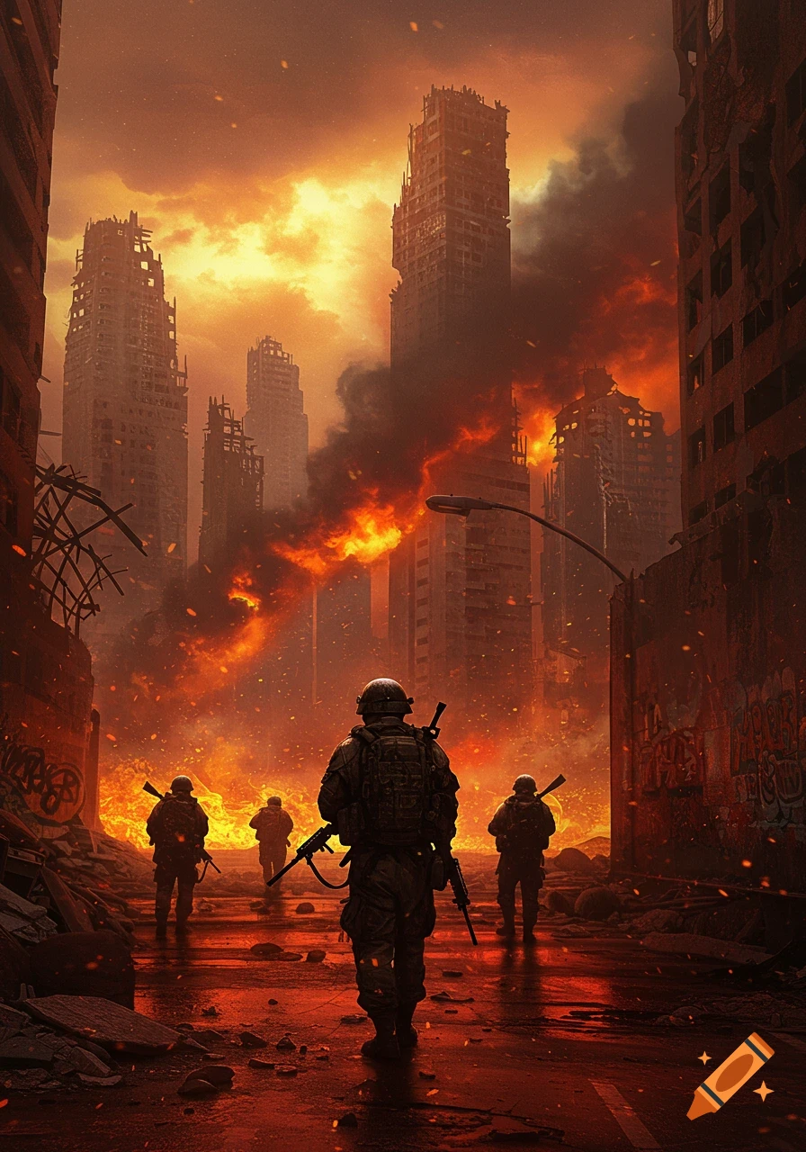 Four soldiers walk through a destroyed, burning city at sunset, with tall, ruined buildings under a fiery orange sky.