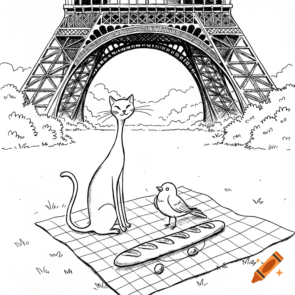 A long-necked cat and a bird have a picnic with a baguette in front of the Eiffel Tower in a black and white illustration.