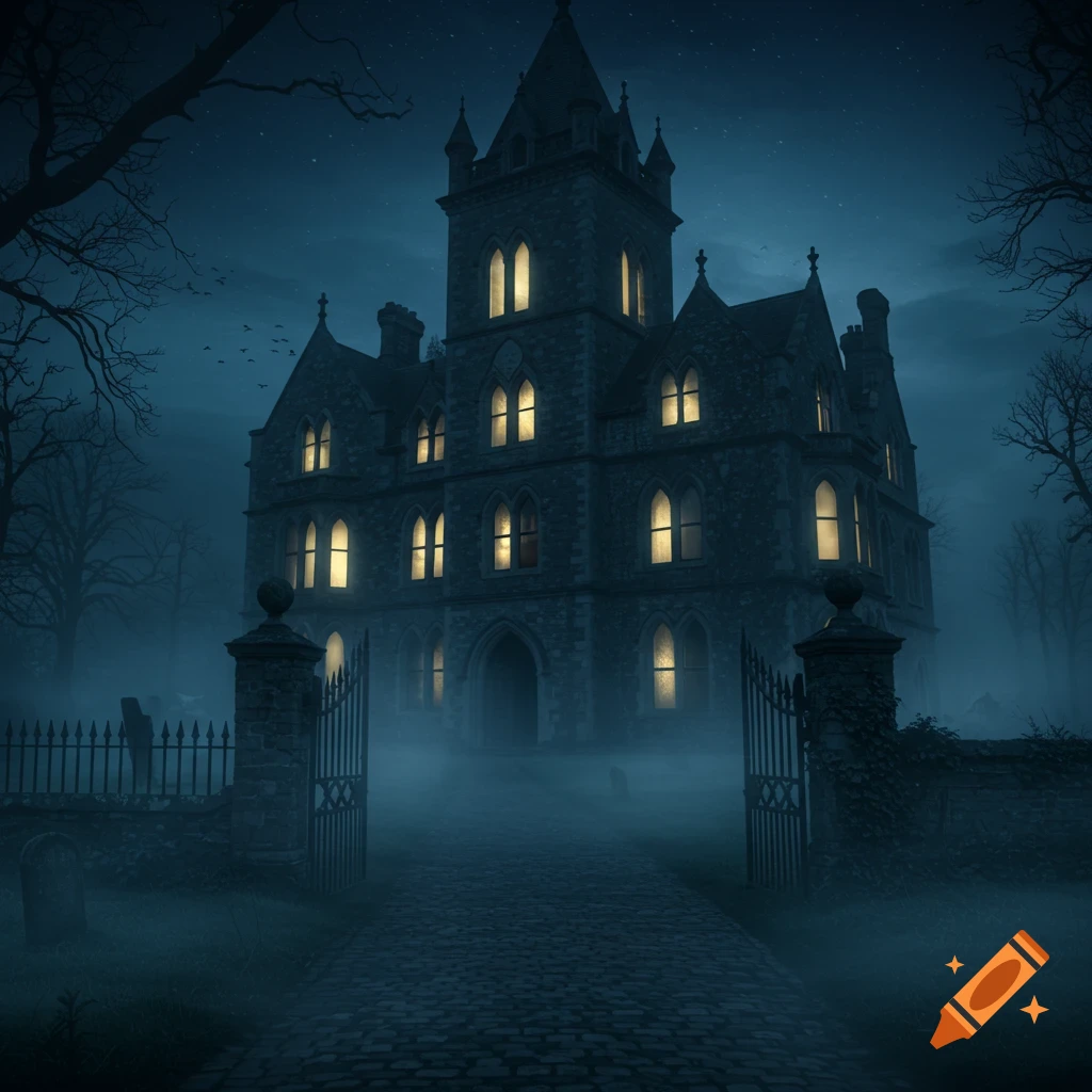 A spooky Victorian Gothic mansion at night, shrouded in fog with eerie lights, bare trees, and a dark, moody atmosphere.
