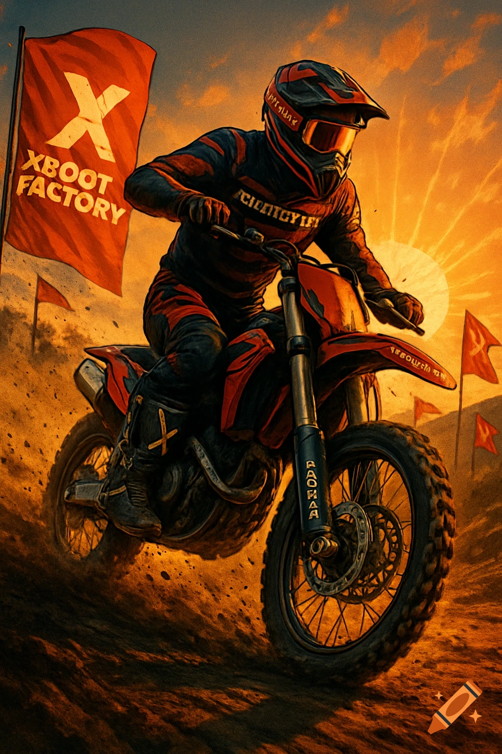 A motocross rider on a dirt bike kicks up dust, with Xboot Factory flags and a bright orange sunset in the background.