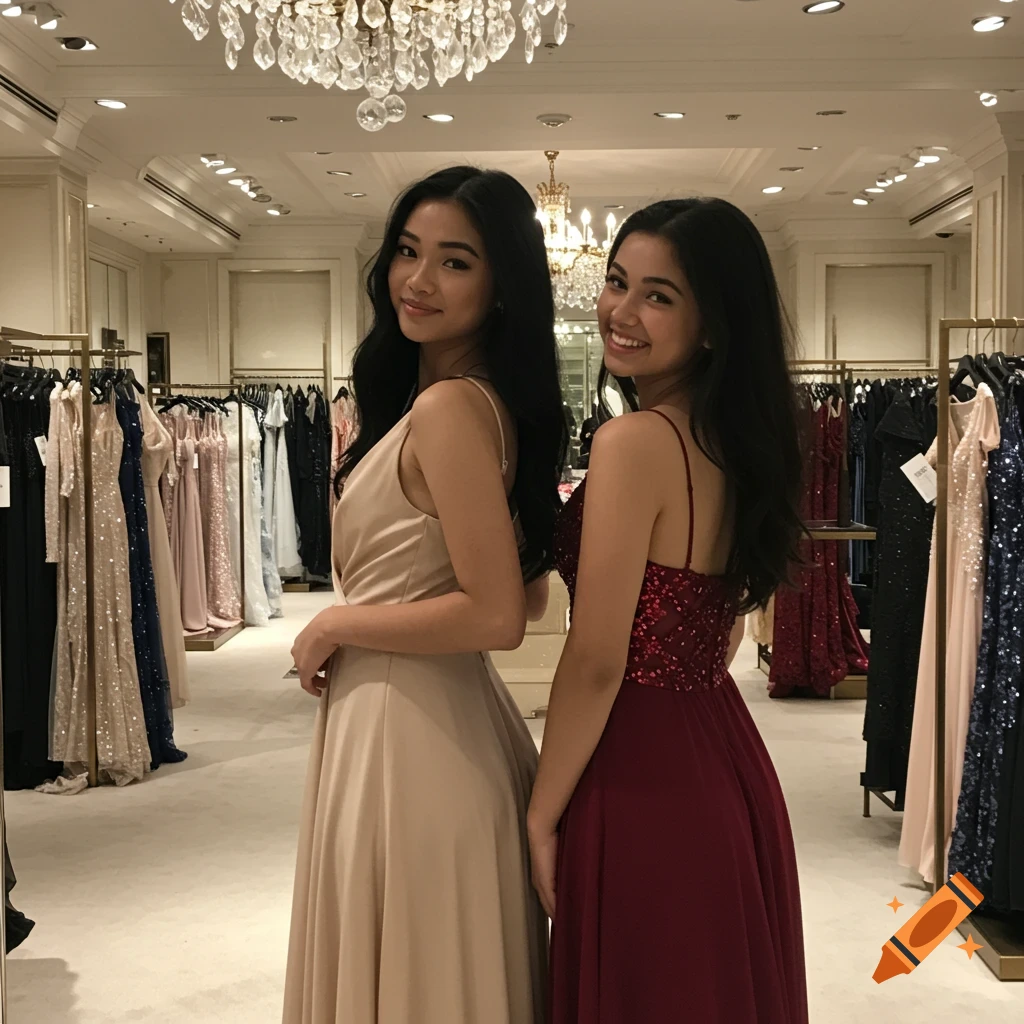 Two smiling young women in formal dresses pose in a department store, with racks of dresses in the background.