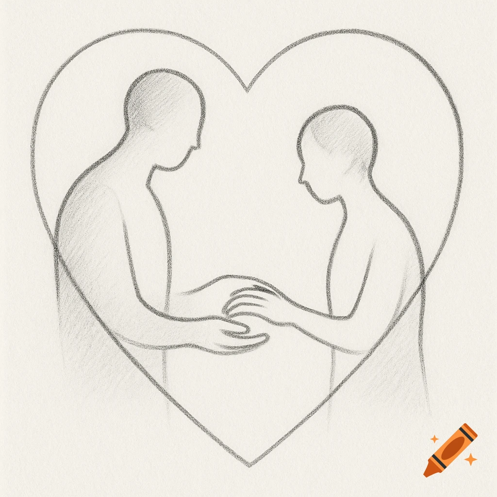 A pencil sketch of two gender-neutral minimalist figures holding hands, encased within a large heart outline.