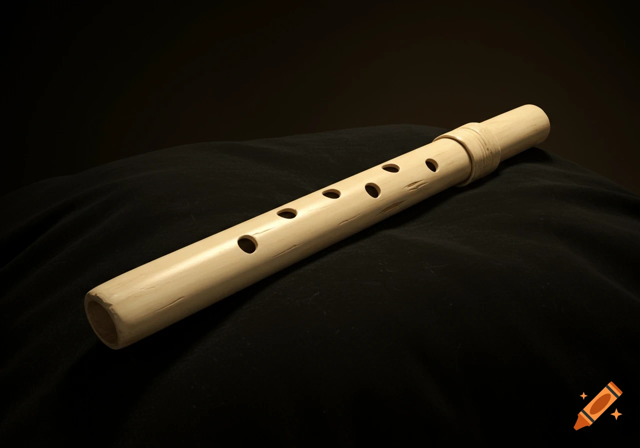 A rustic light-colored bone flute with several holes rests diagonally on a dark black velvet cushion.