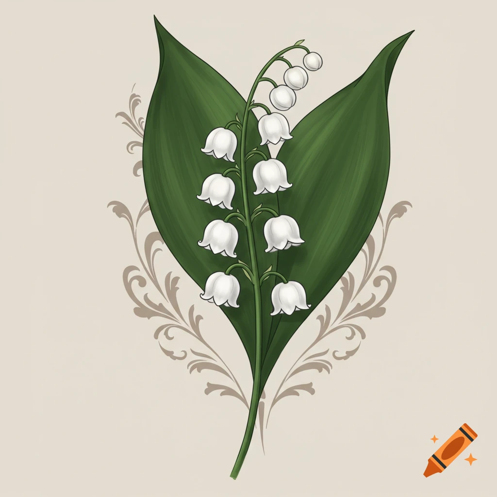 A stylized illustration of white lily of the valley flowers with green leaves, framed by ornate beige swirls on a light background.