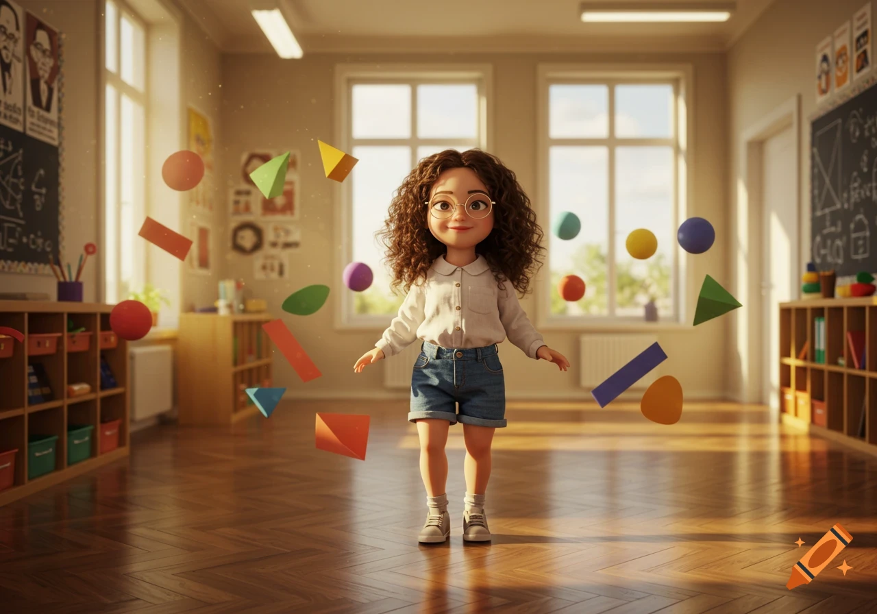 A cute cartoon girl with curly hair and glasses stands smiling in a bright classroom, surrounded by floating colorful 3D geometric shapes.