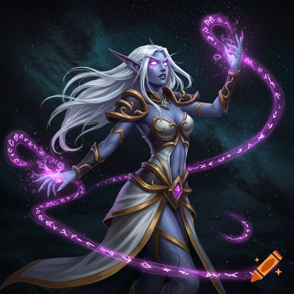 A female Void Elf from World of Warcraft stands confidently, with glowing eyes and hands manipulating swirling purple magic, against a dark, cosmic background.