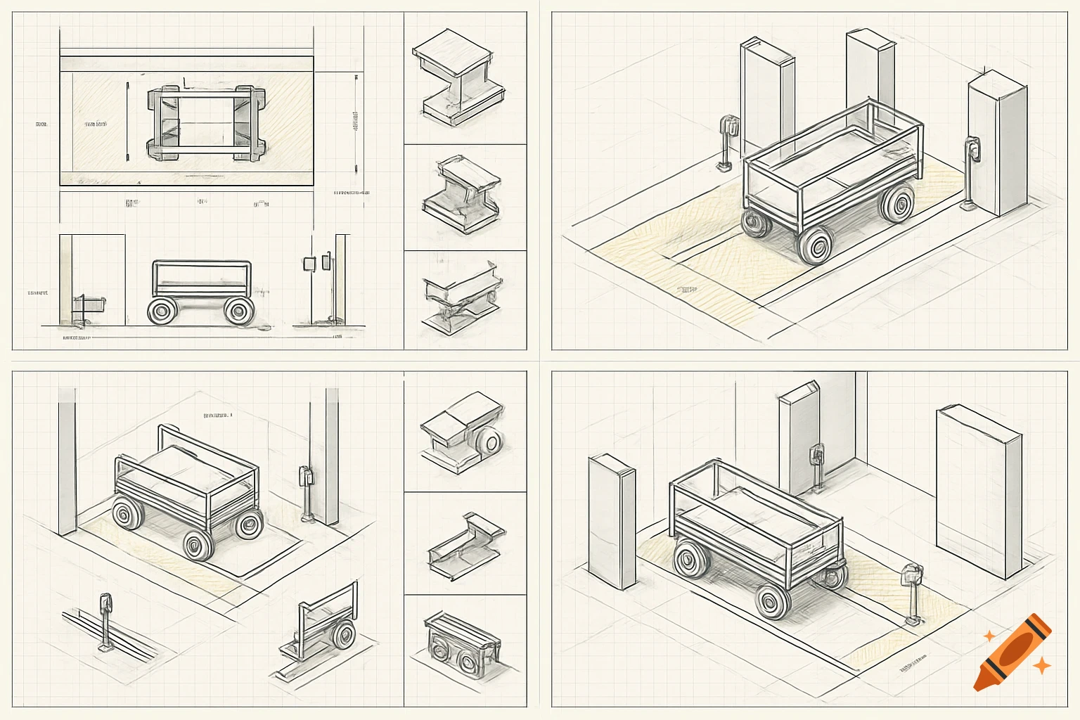 Technical CAD-style drawings of a manual trolley and guiding system, showing plan views, cross-sections, and 3D perspectives.