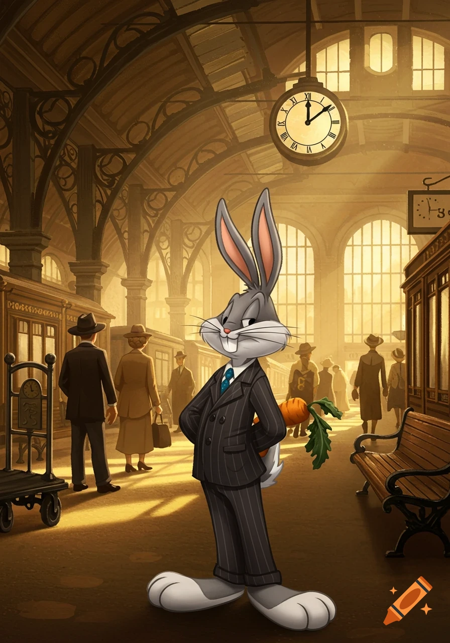 Bugs Bunny in a pinstripe suit, holding a carrot, stands in a bustling 1940s train station with other travelers.