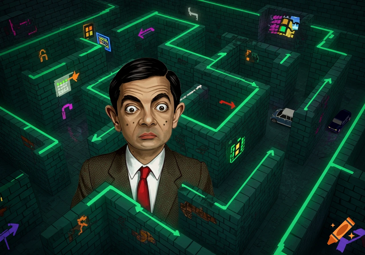 Cartoonish Mr. Bean with a worried expression, trapped in a dark, glowing green maze with abstract pixelated icons and cars.