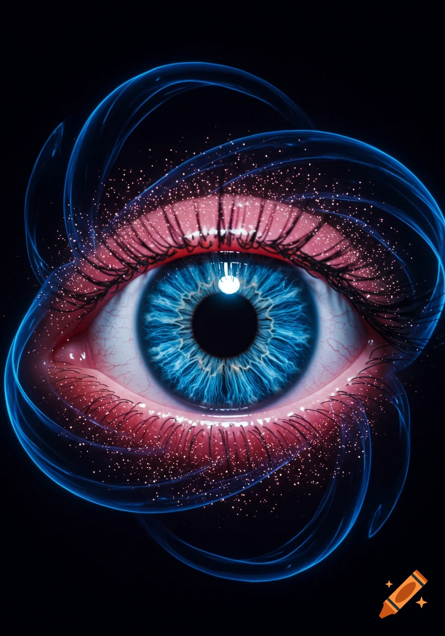 A close-up of a blue eye with intricate iris patterns, surrounded by swirling blue light and pinkish eyelids with sparkling particles against a dark background, in a digital art style.