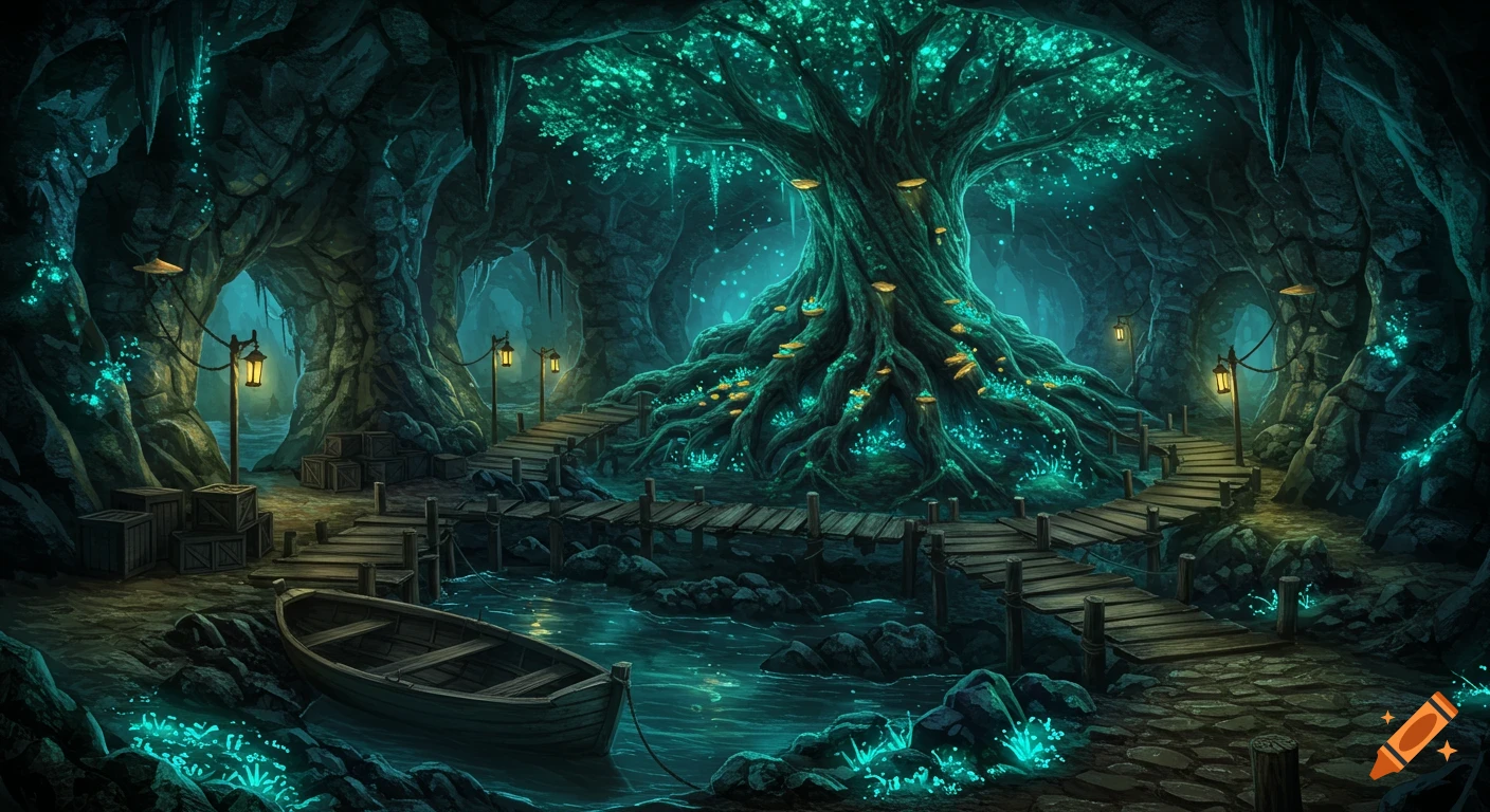 An underground fantasy cave with a glowing magical tree, a river, wooden walkways, and a boat.