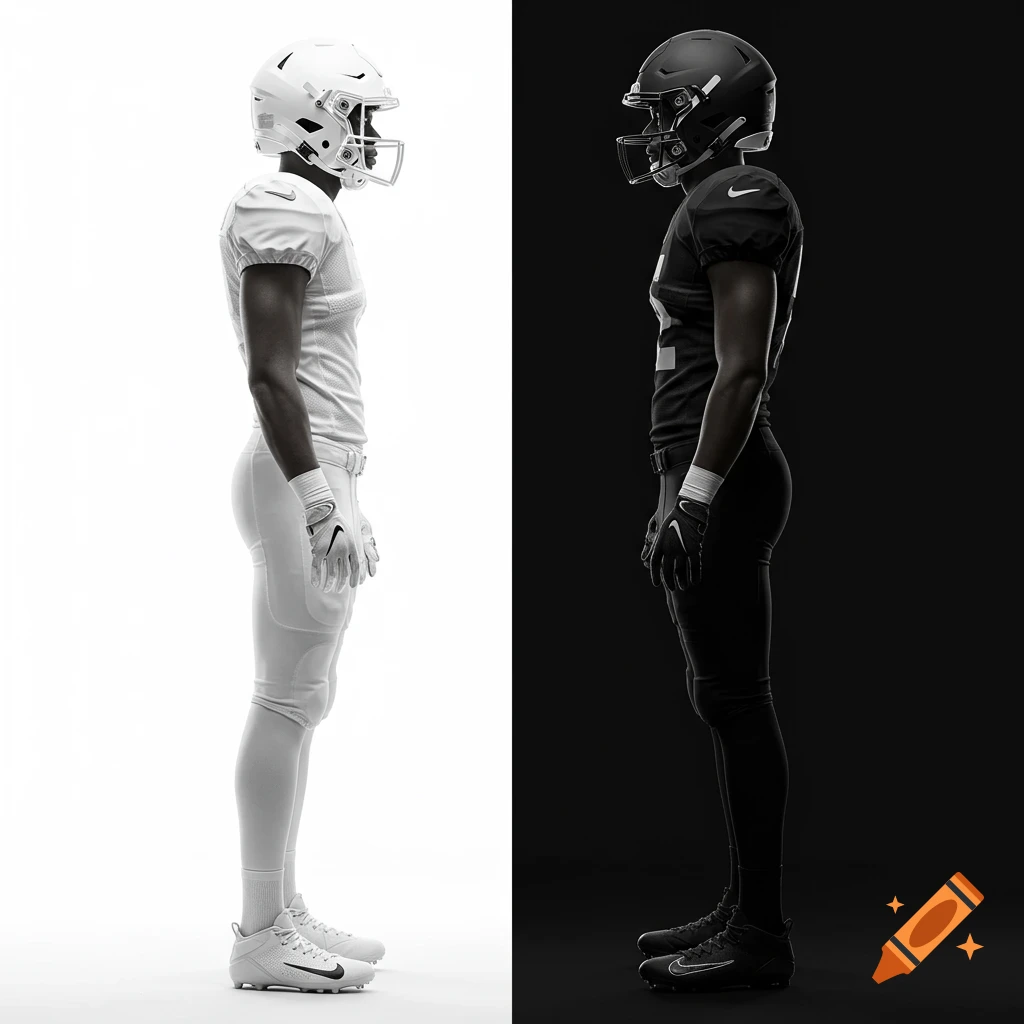 A detailed, realistic photo of two American football players in profile; one in all white on a white background, one in all black on a black background.