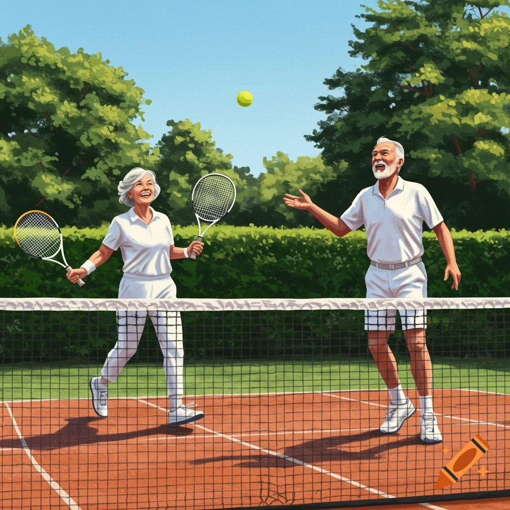 An elderly man and woman playing tennis on a clay court with trees under a blue sky.