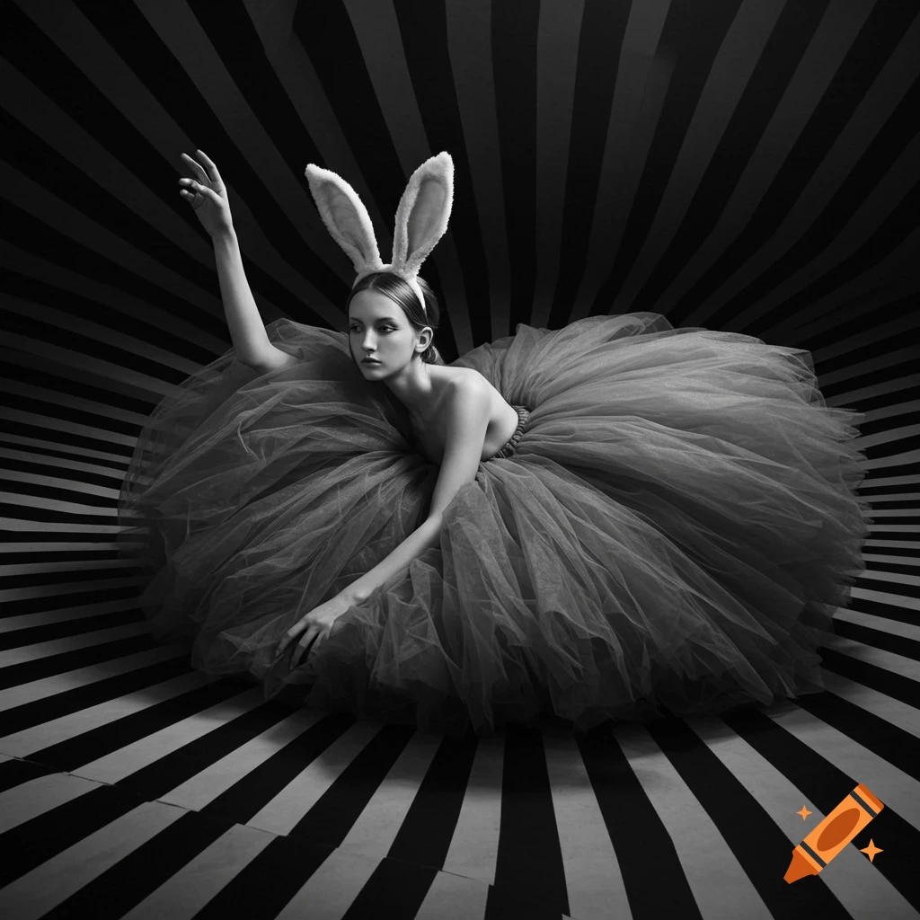 Black and white photograph of a young woman with rabbit ears and a large tutu skirt lying on a striped optical illusion floor, stretching her arm up.
