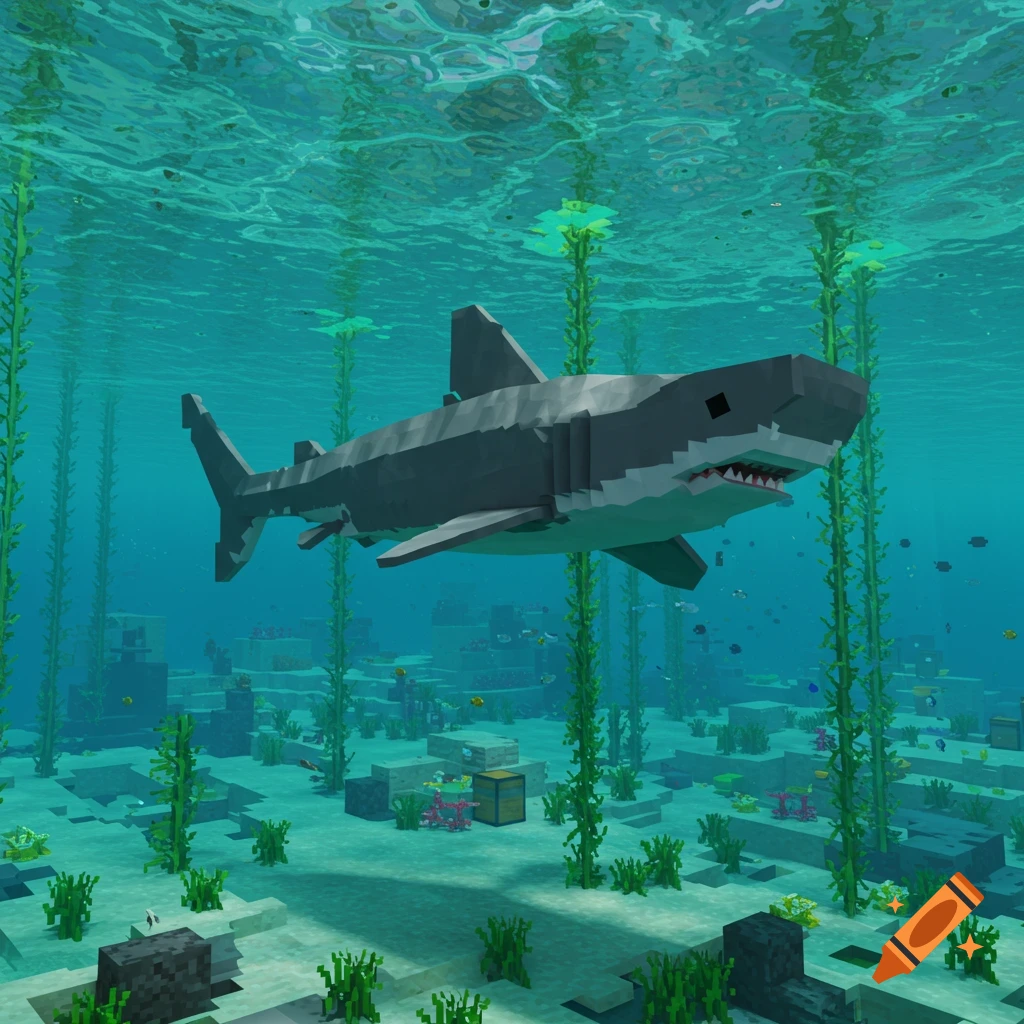 A blocky, Minecraft-style shark swims underwater amongst kelp and a blocky seabed.