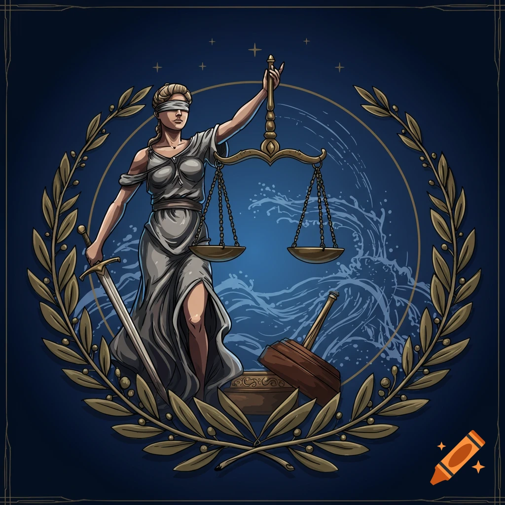 A stylized illustration of blindfolded Lady Justice holding scales and a sword, with a gavel, framed by a laurel wreath on a blue background.