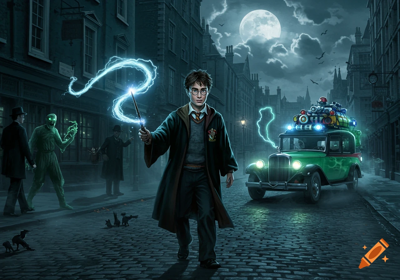 Harry Potter walks on a cobbled street, holding a glowing wand, with a Ghostbusters-style car and a green ghost in the background under a full moon.