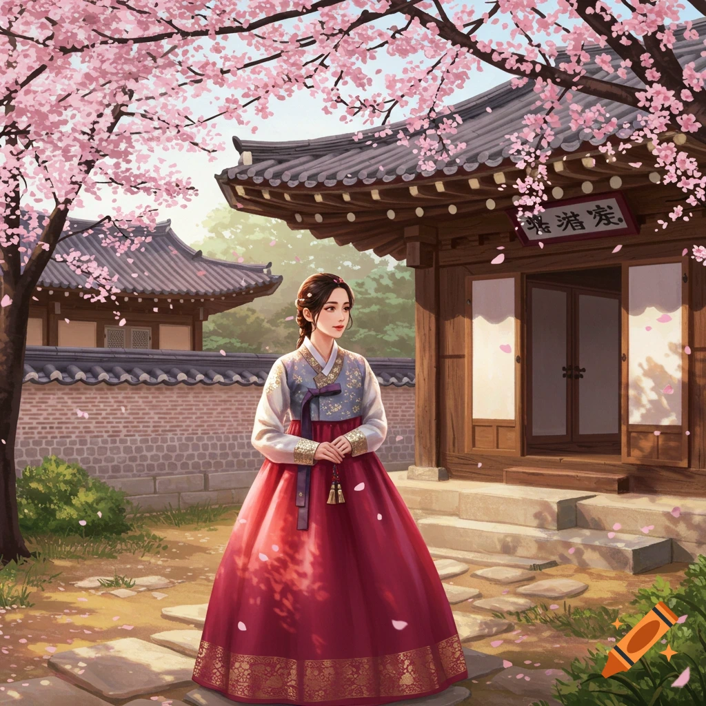 A woman in a red and white Hanbok stands in a traditional Korean garden with pink cherry blossoms and a wooden house.
