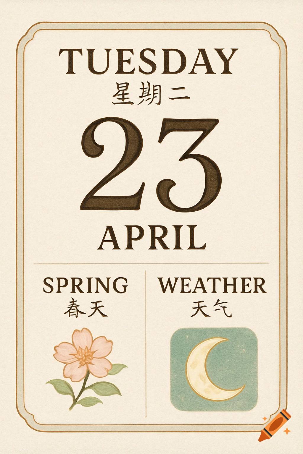 Vintage daily calendar showing Tuesday, April 23, with Spring represented by a pink flower and Weather by a crescent moon, with English and Mandarin text.