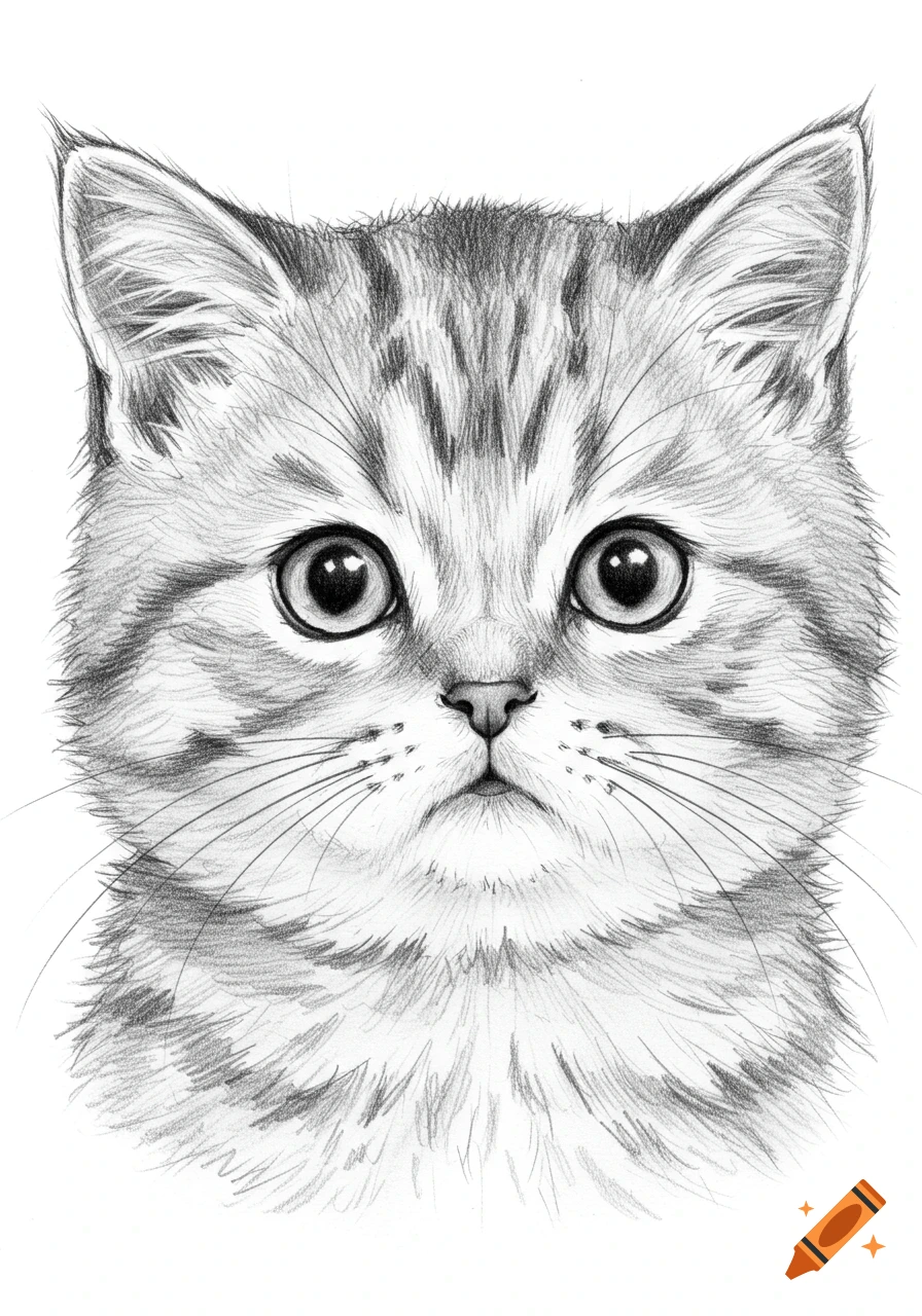 A close-up pencil sketch of a cute, fluffy cat's face with big round eyes and whiskers, on a white background.
