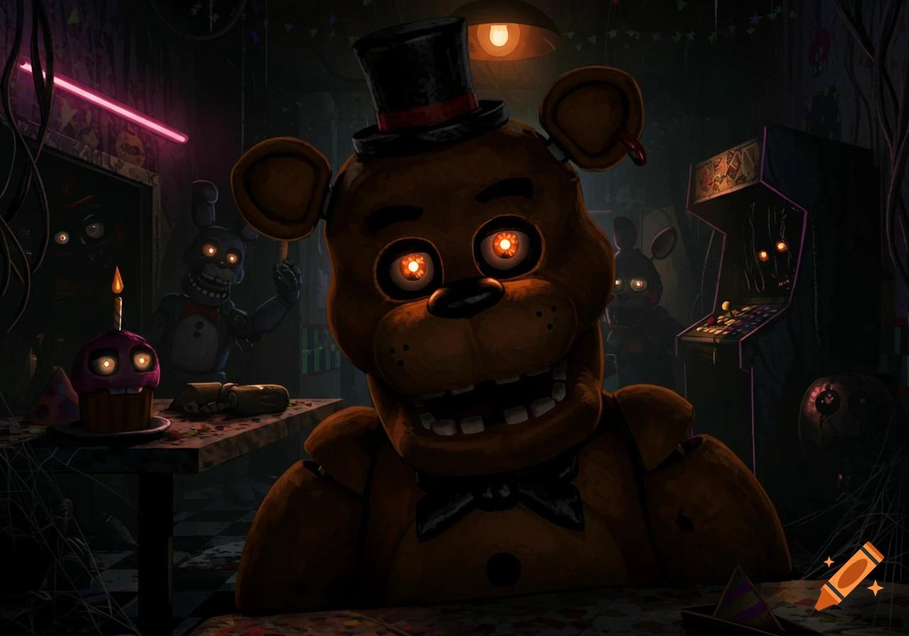 Freddy Fazbear with glowing orange eyes stares from a dark, eerie pizza parlor with other animatronics and arcade machines in the background.