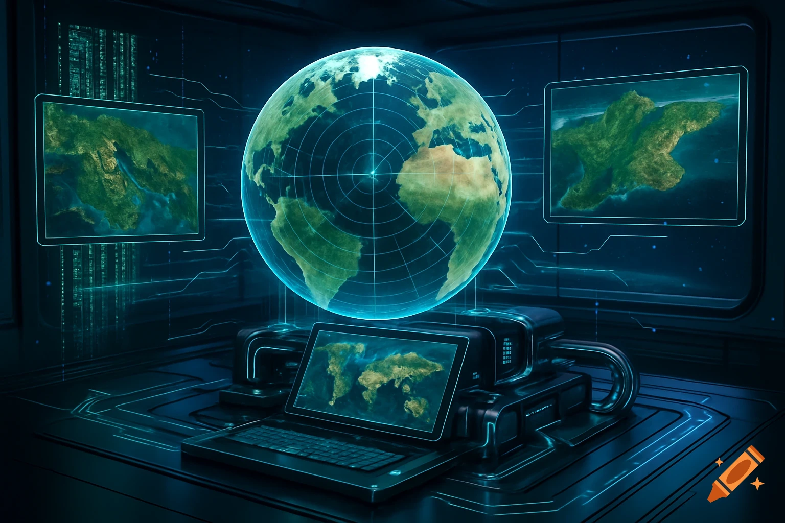 A futuristic computing system with a glowing holographic globe, a laptop, and screens displaying satellite images of Earth.