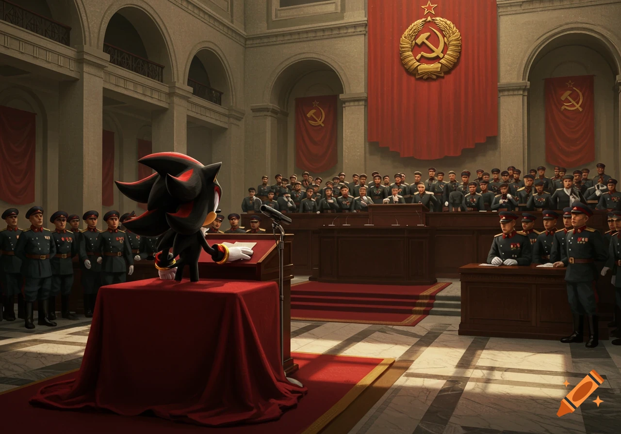 Shadow The Hedgehog addresses a crowd of uniformed officers in a grand hall with Soviet Union banners.