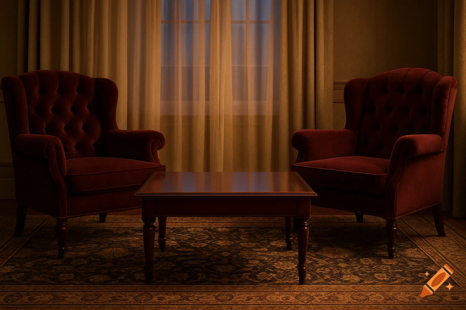 A cozy room with two red velvet armchairs facing each other across a wooden coffee table, set against sheer curtains and a patterned rug.