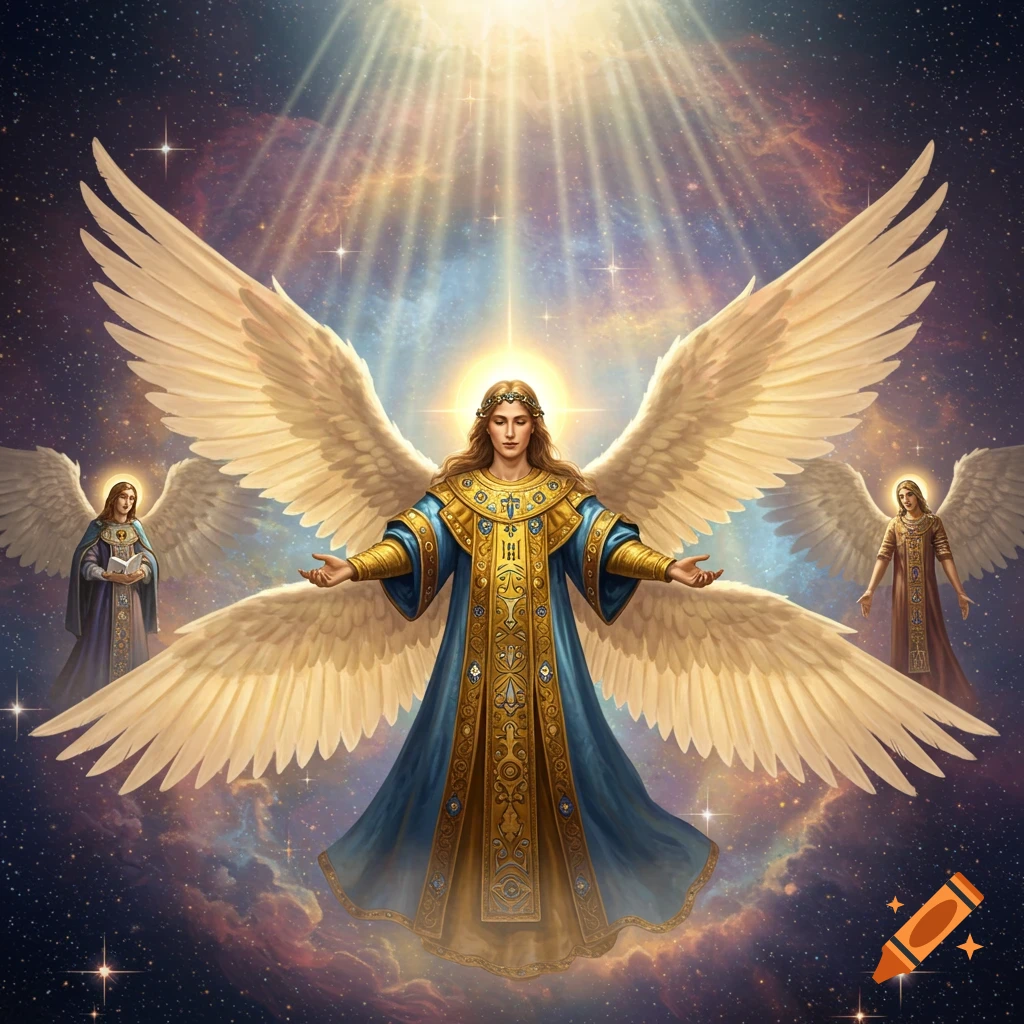 A grand central angel with outstretched arms and two smaller angels with vast wings, in ornate robes, against a starry cosmic background with radiating light.