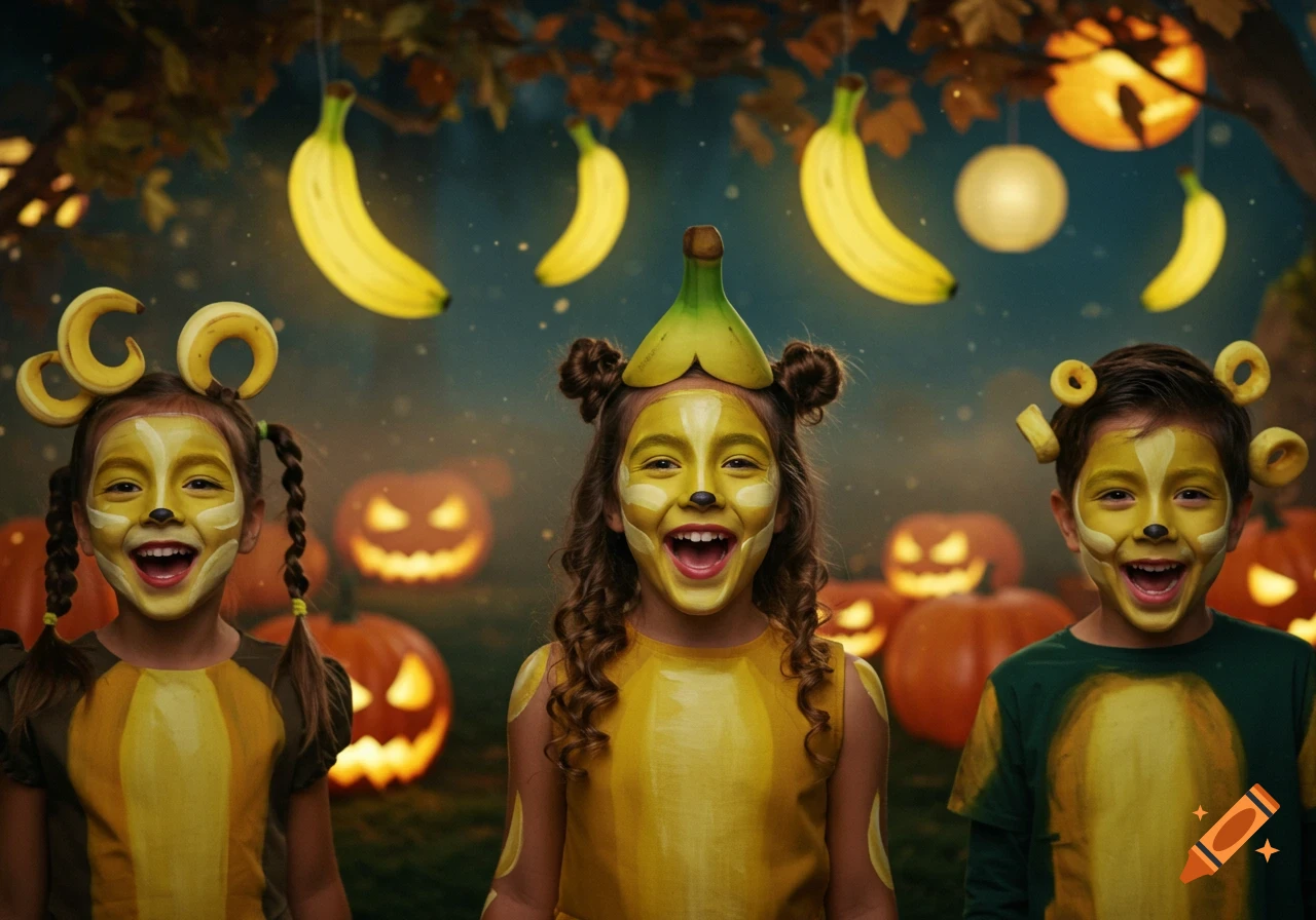 Three laughing children in banana-themed costumes and face paint at night, with glowing jack-o'-lanterns and hanging bananas in the background.