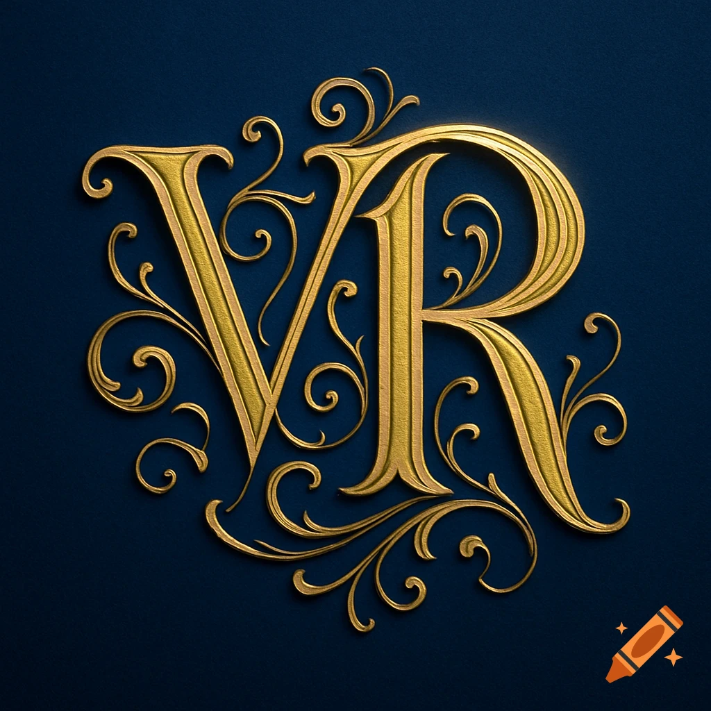 Luxurious golden intertwined monogram of letters V and R with ornate flourishes, set against a dark blue background.