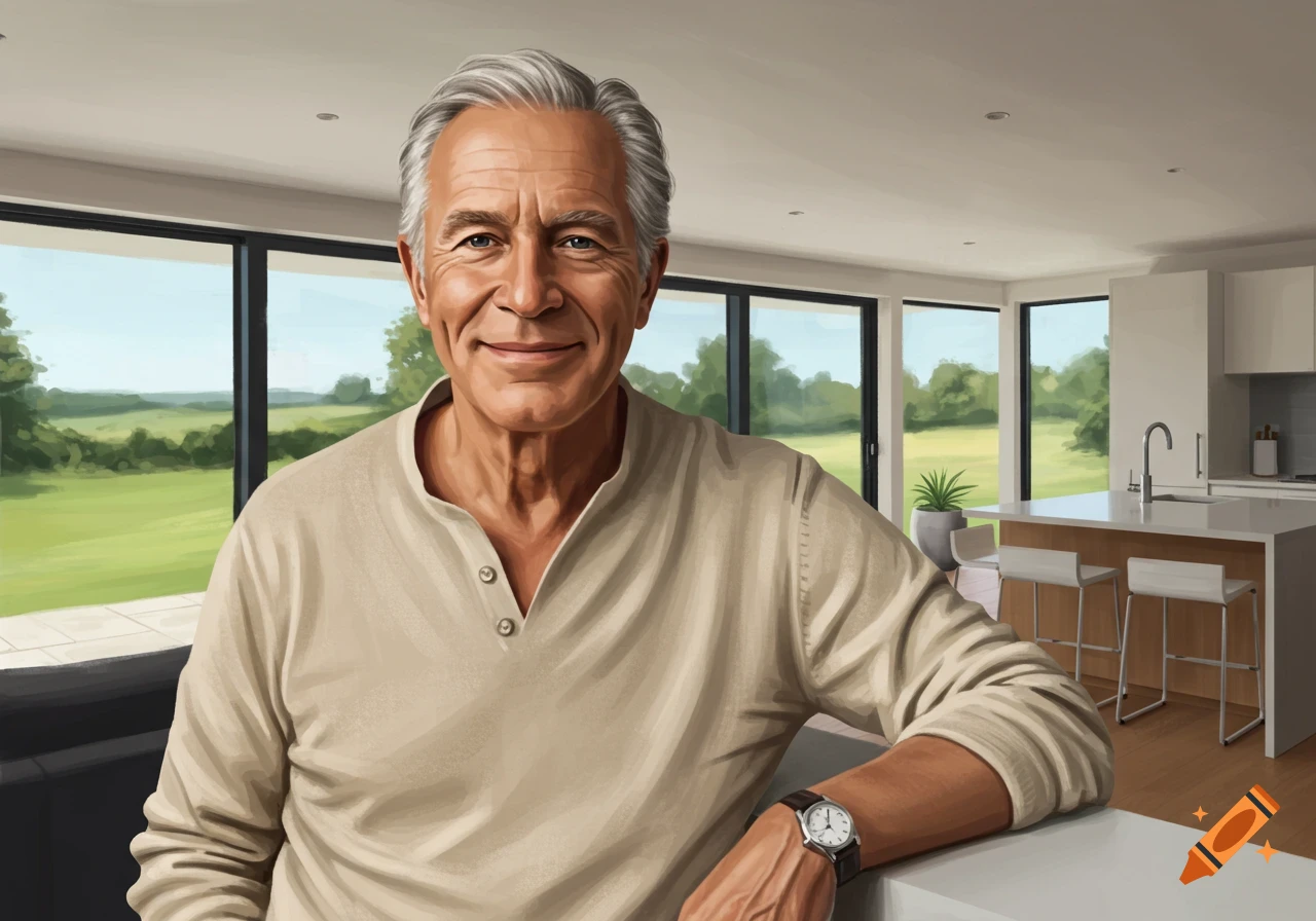 A smiling senior man with gray hair in a henley shirt sits in a bright, modern open-plan home with large windows overlooking a green landscape.